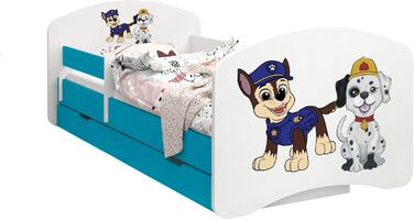 Дитяче ліжко Happy Babies - із захистом від падіння, хлопчик, 140x70, дитяче ліжко з шухлядою та матрацом, односпальне ліжко для дітей, біле/синє, з мотивом собаки, блакитне Niebieskie