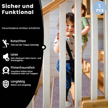 Сходинки 20 x 56 см, м&39який ворс, самоклеючі та протиковзкі, можна різати, багаторазові, 5 протиковзких сходинок, килимки для сходів для дітей та домашніх тварин, A