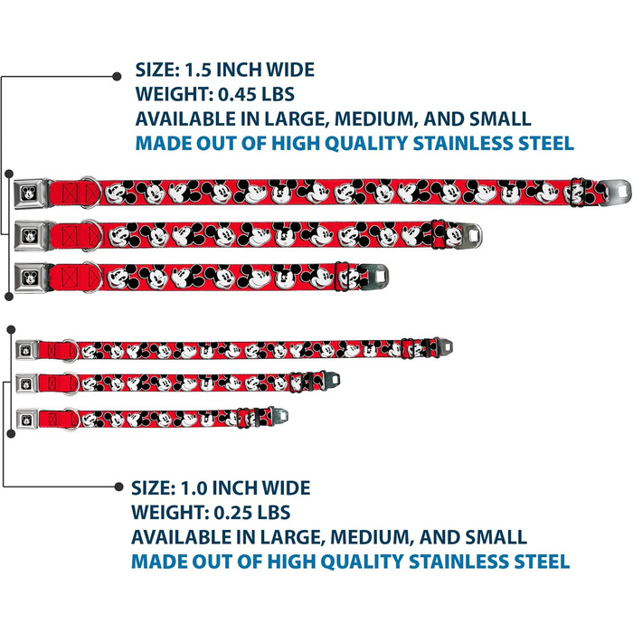 Нашийник для собак Buckle-Down з застібкою як у ременя безпеки - Міккі Маус, Червоно-Чорно-Білий - Ширина 2.5 см - Для обхвату шиї 23-38 см - Розмір S