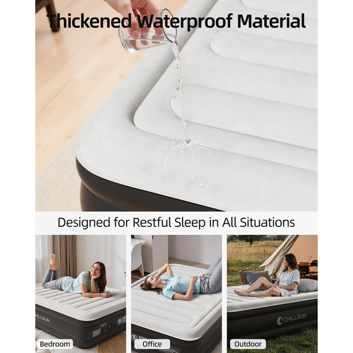 Надувний матрац CHILLSUN для 2 осіб, 203x152x46 см, з електричним насосом, надзвичайно товста водонепроникна флокована поверхня, легко зберігається для кемпінгу та гостьового ліжка
