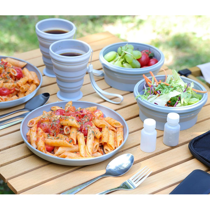 Набір столових приборів для кемпінгу, тарілки, миски, чашки для 2 осіб, складний портативний набір кемпінгових тарілок і мисок, набори кемпінгового посуду для кемпінгу, подорожей та активного відпочинку, сірий, 2 особи