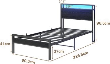 Ліжко HOJINLINERO з металу та дерева, металеве ліжко 90x200 з рейковою основою та функцією заряджання через USB/LED, односпальне ліжко, гостьове ліжко, дитяче ліжко 90x200 з узголів&39ям для зберігання речей, каркас ліжка з місцем для зберігання речей, чо