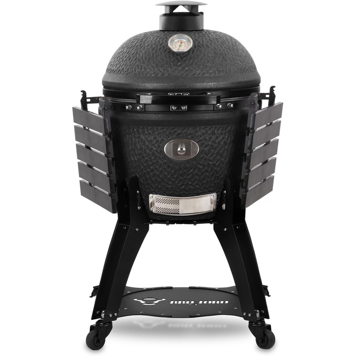 Вугільний гриль 'Yoru Ø 56 см з бічними поличками, термометром матовий чорний бульбашкова глазур керамічний гриль на колесах, кера