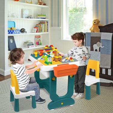 Дитячий набір столу та стільця 5-в-1 Дитячий стіл, стілець, ігровий стіл з 2 стільцями, двостороння стільниця, регульована висота, багатофункціональне місце для зберігання дітей, навчальні, ігрові, дитячі меблі, 63 x 47 x 56 см (блоки не входять до компле