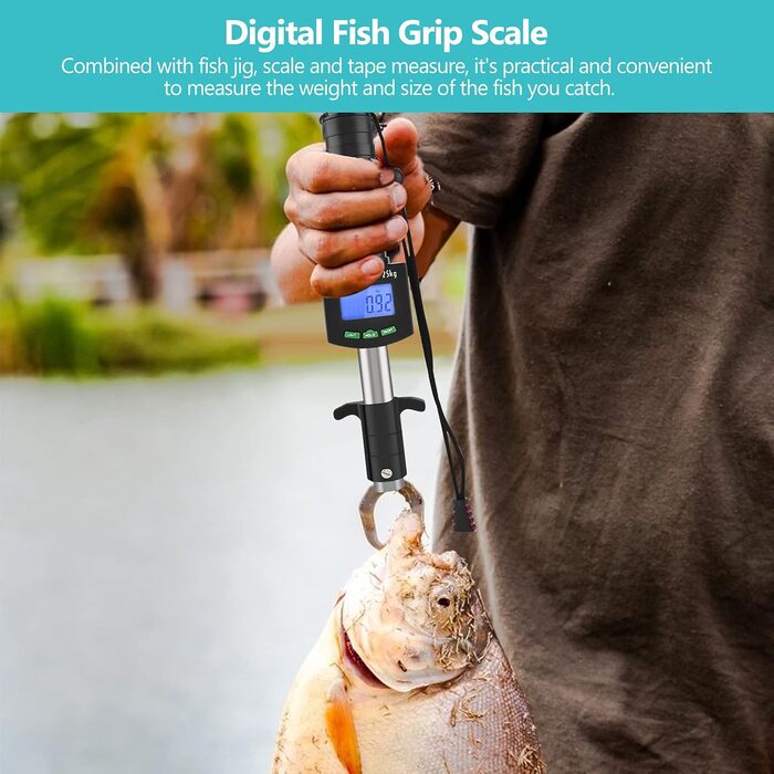 Лапа для риби Alomejor зі світлодіодним дисплеєм, багатофункціональні цифрові ваги для риби, 25 кг (55 фунтів), електронне керування, ручка для риби з ремінцем 1 м