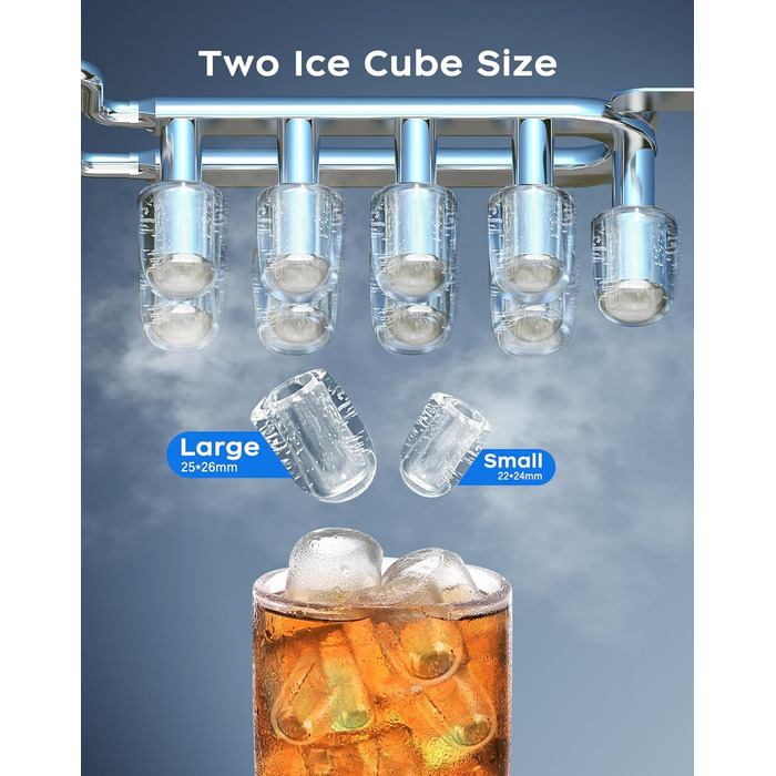 Машина для льоду з нержавіючої сталі KeeGone зі світлодіодним дисплеєм, льодогенератор Льодогенератор і функція очищення, резервуар для води на 2 л, включаючи лопату для льоду та кошик, 2 розміри кубиків льоду для кухні, офісу, бару та вечірки