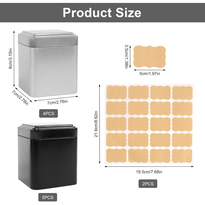 Класична квадратна чайна банка, набір із 9 чайних банок для розсипного чаю, 7 x 7 x 8,5 см, металеві чайні контейнери, набір чайних банок