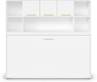 Меблі Rauch Albero, ліжко, настінне ліжко, поперечно розкладне ліжко, компактне настінне ліжко з каркасом ліжка, полицею та рейковою основою, спальна зона 90x200 см, колір білий, ручки з масиву дуба, 214x197x44 см