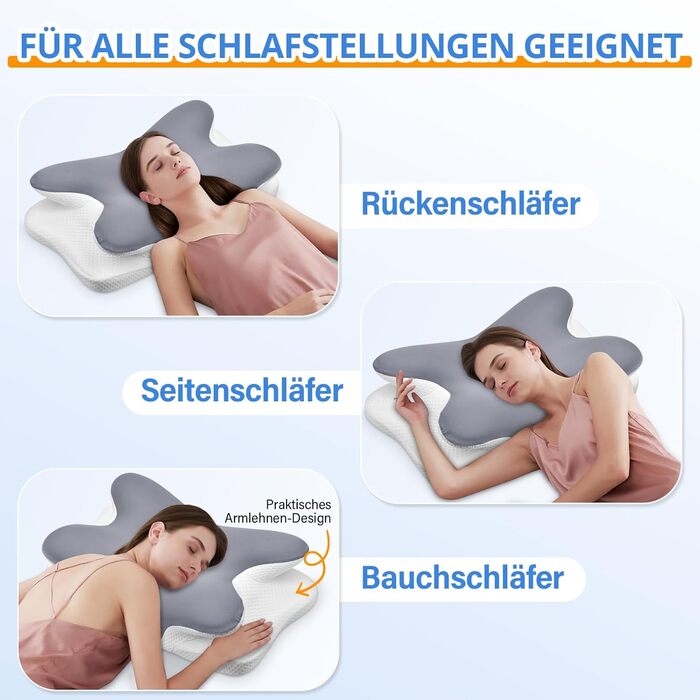 Подушка для шиї, подушка для голови, подушка для підтримки шиї, подушка з піни з ефектом пам&39яті, ергономічна подушка для сну на боці, на спині та на животі, 69x37x9/12 см, сірий