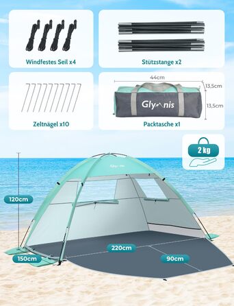 Пляжний намет Glymnis Beach Shelter з 2 дверима на блискавці, захист від ультрафіолету UPF50, вітронепроникний, невеликий розмір у упаковці, пляжний намет для 2-3 осіб