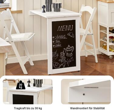 Настінний розкладний обідній стіл SoBuy з відкидною дошкою, розкладний обідній стіл з дошкою для записів, компактний розкладний стіл для кухні, офісу та невеликих кімнат, білий, 50 см x 75 см x 76 см, FWT20-W