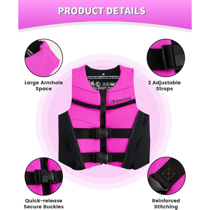 Рятувальний жилет Owntop для підлітків та дітей Легкий неопреновий рятувальний жилет Регульований рятувальний жилет з подвійними пряжками безпеки для плавання, каякінгу, веслування та риболовлі, рожевий M (30-40 кг)