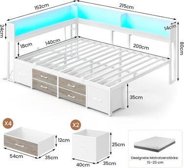 Ліжко AOGLLATI 140x200 з місцем для зберігання, диван-ліжко з вбудованою книжковою полицею та 6 шухлядами, дитяче ліжко зі світлодіодним освітленням та зарядною станцією, гостьове ліжко, кушетка, каркас ліжка з рейковою основою (білий, 140x200 см) 140x200