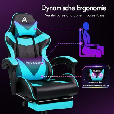 Офісне крісло ALFORDSON з масажем, ігрове крісло, ергономічне ігрове крісло з підставкою для ніг, масажна подушка для попереку з підставкою для ніг, обертове крісло, вантажопідйомність 180 кг, блакитний колір