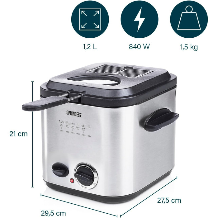Міні-фритюрниця Princess 182611 з фондю швидкий нагрів фільтр для видалення запахів ємність 1,2 літра, сріблястий One size