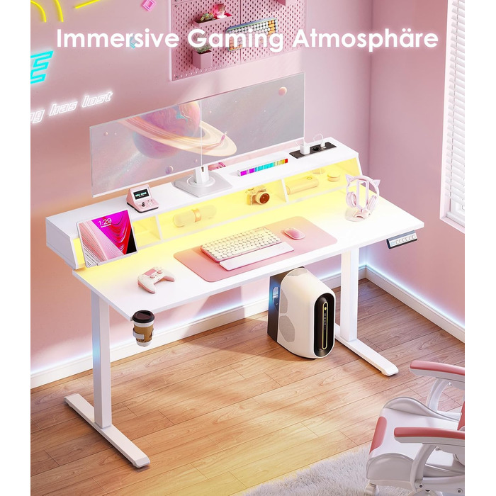 Ігровий стіл OffiGo, стіл з регульованою висотою 140 см, RGB-підсвічуванням та розетками, електричний стіл з 3 відкритими відділеннями для зберігання, тримач для напоїв та навушників, карбонова поверхня білого кольору