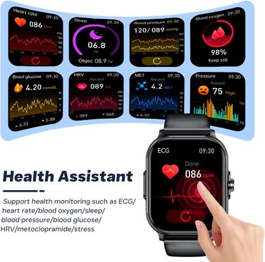 Чоловічий смарт-годинник з ЕКГВСР Кров&39яний тиск Розумний годинник для здоров&39я Водонепроникний фітнес-годинник Функція серцевого ритму 2.0-дюймовий TFT квадратний великий дисплей наручний годинник чорний