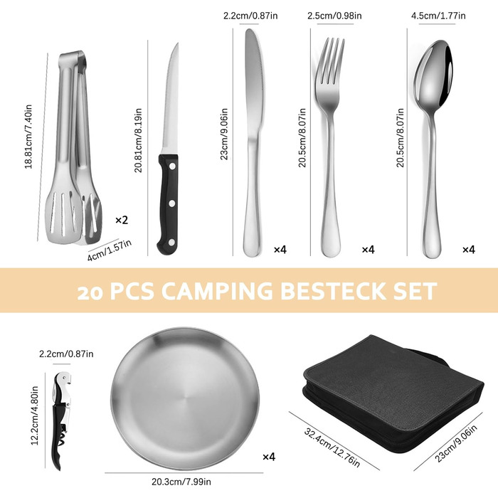 Набір столових приборів для кемпінгу, 20-предметний набір кемпінгового посуду для 4 осіб, нержавіюча сталь, з ложкою, виделкою, ножем, тарілкою та затискачем для кемпінгу, пікніків та походів