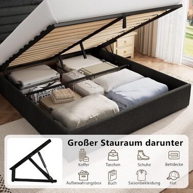 Ліжко FEONASE 140x200 з місцем для зберігання, М&39яке ліжко 140x200 см зі світлодіодним освітленням та зарядною станцією, Каркас ліжка з гідравлічним та лляним узголів&39ям, місцем для зберігання, Рейкова основа, Матрац не входить до комплекту, Темно-сір