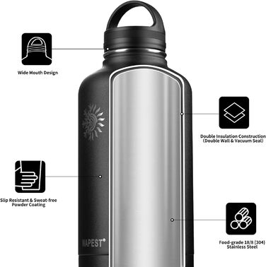 Пляшка для води WAPEST 3,6 л з паракордовою ручкою та щіткою для пляшок, велика пляшка для води з нержавіючої сталі з сумкою для п