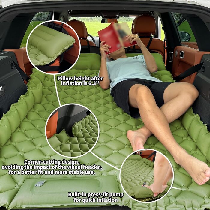 Надувний матрац EULANT SUV для багажника автомобіля, ліжко для автомобіля Tesla Model Y, портативний автомобільний матрац з подушкою, подвійний кемпінговий килимок для сну для подорожей/багажника, матрац для сну автомобіля - зелений
