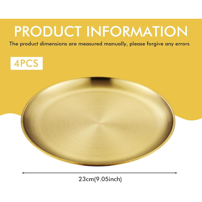 Набір з 4 золотих підносів, діаметр 23 см Сервірувальні підноси з нержавіючої сталі 201, декоративні тарілки золотого кольору, круглі підноси для кухні, ресторану, кафе, кемпінгу та вечірок