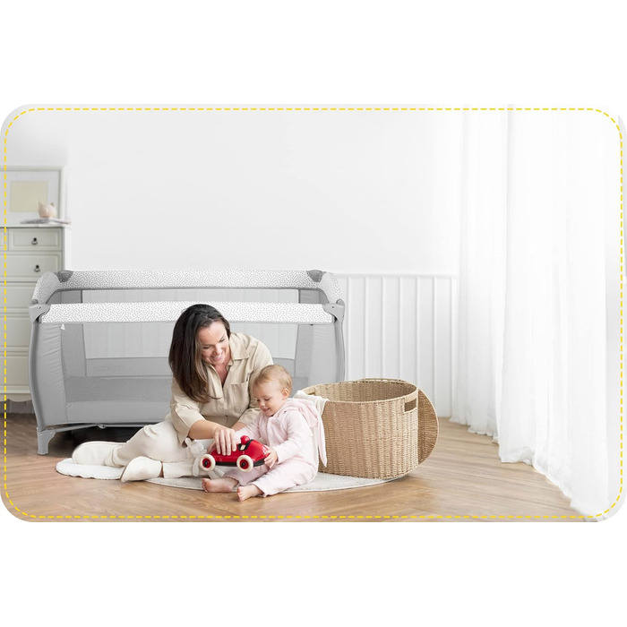 Дитяче ліжечко Ricokids з матрацом, 125 x 65 x 78 см, дорожнє ліжечко, вагою до 15 кг, 2 колеса з гальмами, бічний вхід, сумка для перенесення, функція гойдання, ігрова арка, пеленальний столик, складний, світло-сірий