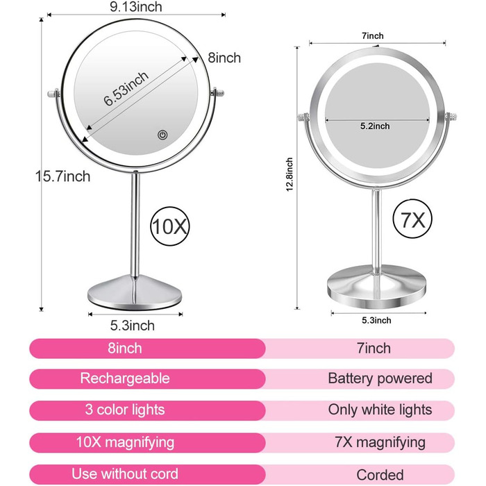 Косметичне дзеркало зі світлодіодним підсвічуванням з 1/10 збільшенням, дзеркало для макіяжу з 3 кольорами світла та сенсорним перемикачем, двостороннє настільне дзеркало зі світлодіодним підсвічуванням, хромоване настільне дзеркало, що обертається на 360