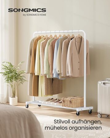 Вішалка для одягу SONGMICS, Штанга для одягу на колесах, Підставка для гардеробу, 2 колеса з гальмом, Спальня, Вантажопідйомність до 50 кг, 38 x 110 x 141,5 см, Матовий білий HSR016WG01 Матовий білий, одинарна рейка