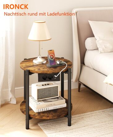 Круглий тумбовий набір з 2 шт. , бічний столик з розеткою, порт USB-C, маленький столик з дерева та металу, журнальний столик для дивана, стіл для вітальні, 2 полиці для спальні (вінтажний коричневий, 2 шт.)