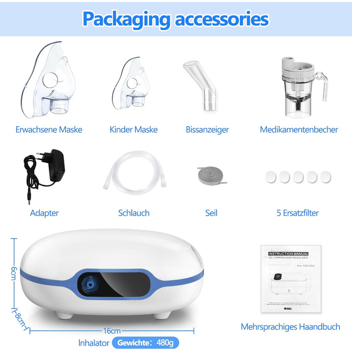 Інгалятор Sentasi для дорослих, цифровий дисплей компресорний небулайзер інгалятор дитячий, безшумний електричний інгалятор з мундштуком і трубкою для домашнього лікування кашлю та астми Білий