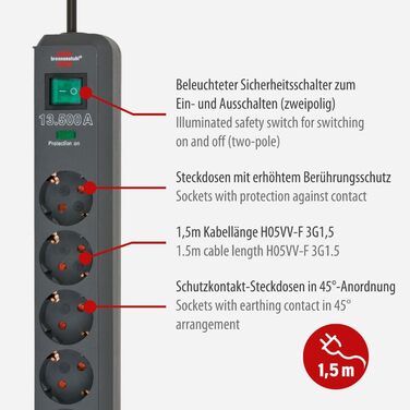 Подовжувач Brennenstuhl на 6 розеток із захистом від перенапруги та кабелем 1,5 м (багаторозеткова розетка Eco-Line з вимикачем і