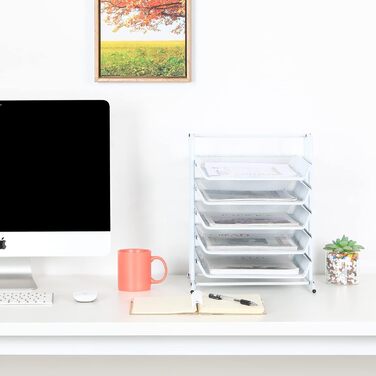 Металевий офісний органайзер EasyPAG A4 з 5 відділеннями, тримач для документів, лоток для файлів, тримач для журналів, лоток для листів, органайзер для паперових журналів, білий, 35,5 x 29,5 x 37,5 см