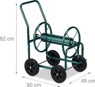 Садовий візок для шланга Relaxdays, до 60 м, 4 суцільні гумові колеса, швидке зєднання, металева бочка для шланга, зелений