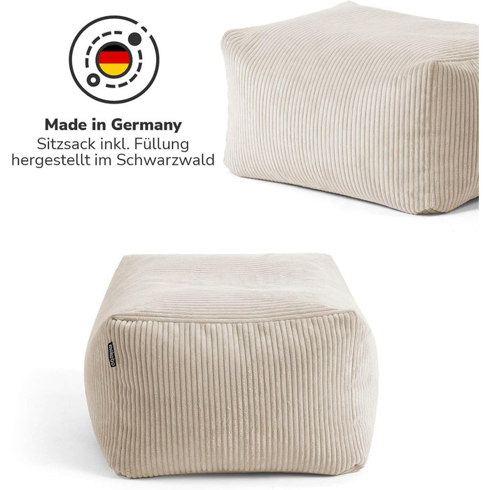 Пуф або табурет мокебо з вельветовим чохлом The Calm One, табурет або пуф для сидіння з наповнювачем з EPS-бісеру, також як пуф для ніг з вельвету або журнальний столик для вітальні розміром 65x55x35 см (Ш/Г/В) бежевого кольору, квадратний, вельветова тка