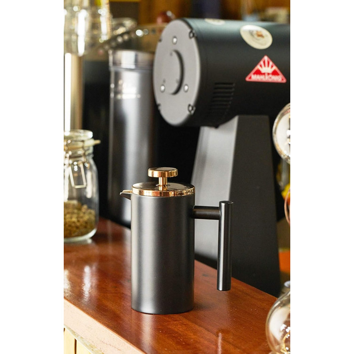 Кавоварка MeelioCafe French PressThermo з нержавіючої сталі 0,35 літра, кавовий прес 350 мл (2 чашки) Маленький, ізольований кавовий фільтр з подвійними стінками, чорний чорний 350 мл