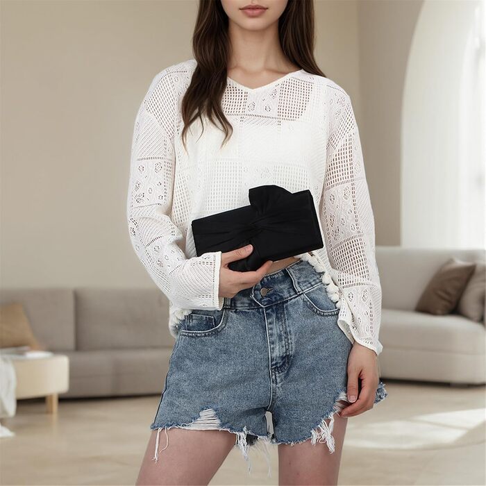 Чорний атласний клатч для вечірнього вбрання з бантом та плісе для наречених