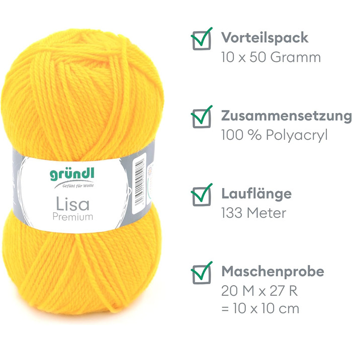 Пряжа Grndl Lisa Premium Uni Knitting & Chet Yarn (м'яка і вовняна характер, проста в догляді миється трикотажна пряжа з 100 поліакрилу, 50 г/ 133 м, розмір голки 3,5 - 4,5, 10 клубків по 50 г кожен), (жовтий)