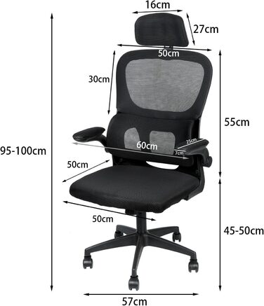 Ергономічне офісне крісло OHMG, офісне крісло з сітчастої тканини, поперекова опора та сидіння з регульованим кутом нахилу, підголівник, регульовані підлокітники, поворотні колеса на 360, вантажопідйомність 200 кг (чорне, 125 x 65,5 x 64 см) Чорний - 125 