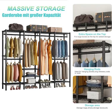 Вішалка для одягу KZOBYD, шафа-тумба з 6 полицями, що регулюються по висоті, штанга для одягу з 4 відділеннями для вішалок, багато місця, для спальні, вітальні (чорна)