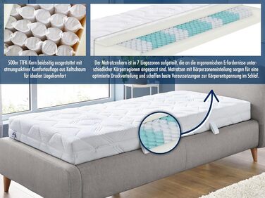 Ортопедичний 7-зонний матрац Irisette Lotus 500 з пружинами кишенькової форми, рівень жорсткості 3 (середньо-жорсткий), 100 x 200 см, сертифікований Oeko-Tex, виготовлений відповідно до німецьких стандартів якості. Рівень жорсткості H 3 - середньо-жорстки