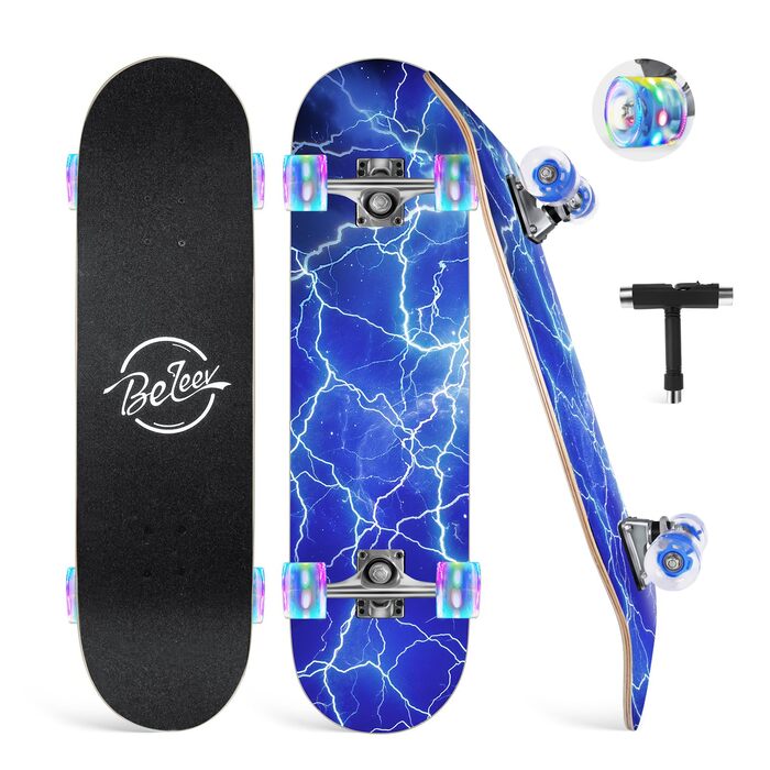 Дюймів Повний круїзерний скейтборд для дітей, підлітків та дорослих, 7-шарова увігнута дека з канадського клена Double Kick з універсальним T-Tool для початківців, колір Ocean Blue, 38