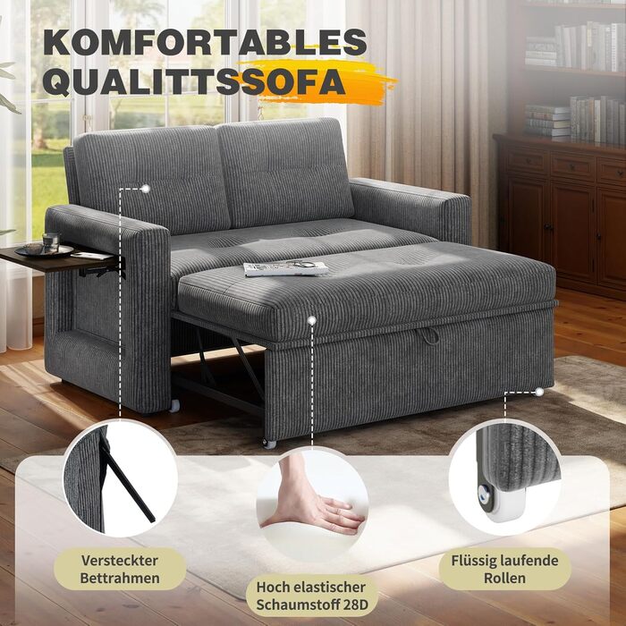 Диван YOUDENOVA з функцією сну, Розкладний диван з 5-позиційною регульованою спинкою, Диван-ліжко зі столиком та бічною кишенею, 2-місний диван-ліжко 177x135 см, Вельветово-сірий