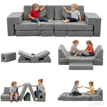 Дитячий диван LALAHO, ігровий диван для дітей, виготовлений з вельвету, складні пінопластові будівельні блоки, дитячий диван та дитяче крісло, універсальний та вільно складаний своїми руками, для дитячої ігрової кімнати, меблі для спальні (сірий)
