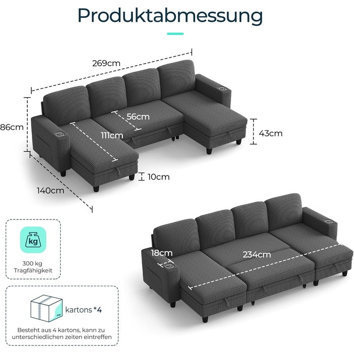 Розкладний диван LINSY HOME, кутовий диван з функцією сну, місцем для зберігання речей, вельветова оббивка, L-подібні модульні дивани з шезлонгом для віталень та квартир (темно-сірий, U-подібний) Темно-сірий U-подібний
