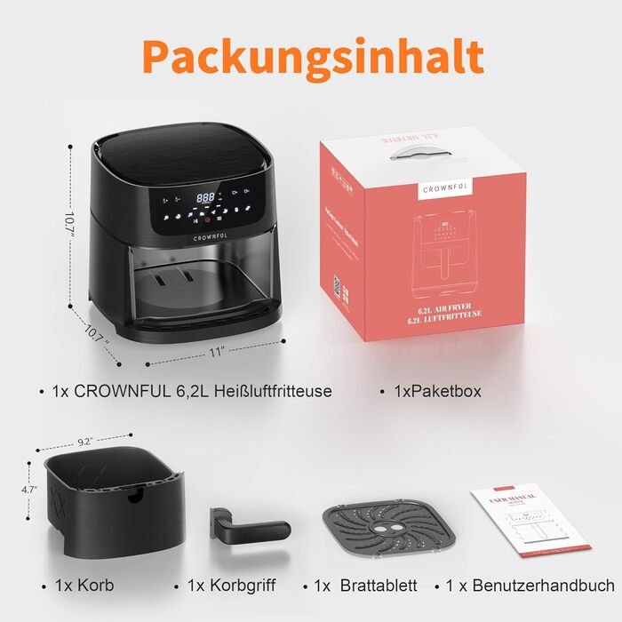 Аерофритюрниця CROWNFUL 6.2 л, електрична безмасляна плита XXL аерофритюрниця 8 в 1, фритюрниці з сенсорним РК-екраном і 8 попередніми налаштуваннями, точне регулювання температури, кошик з антипригарним покриттям середній