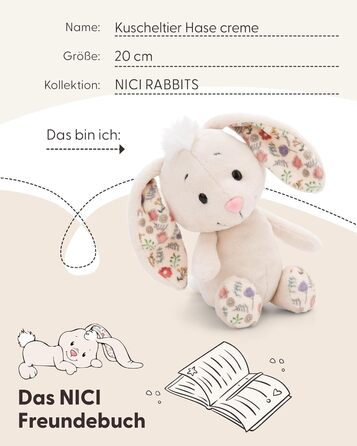 Яка іграшка NICI Зайчик Кремовий 20см - плюшевий зайчик з ніжного плюшу, милий компаньйон для обіймів та ігор, для дітей та дорослих, чудовий подарунок - 61458 Кремовий (Квіти)