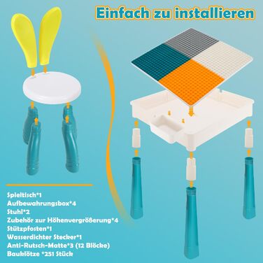 Дитячий стіл з 2 стільцями, ігровий стіл для дітей з 251 будівельним блоком, багатофункціональний ігровий стіл для дітей віком від 2 років з місцем для зберігання, креативний ігровий стіл з будівельних блоків, набір будівельних блоків 5551 см
