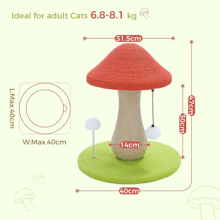 Когтеточка для котів PAWZ Road Cute, дряпалка для котів у формі грибів з когтеточкою в комплекті зі 100 сизалю та помпонами, іграшки для котів, котяче дерево-гриб для кімнатних котів.