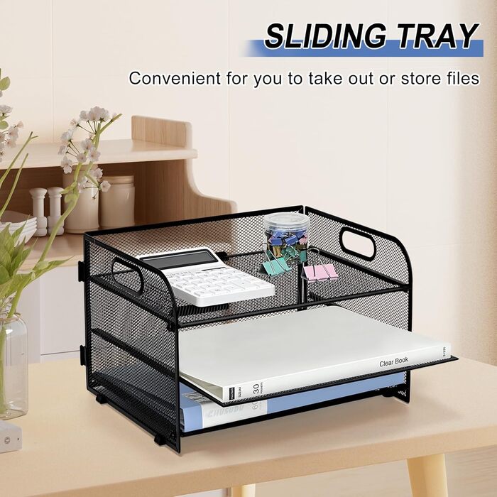 Органайзер для столу з ручкою, 3-ярусний лоток для листів, сітчасті відділення для документів формату А4, органайзер для паперових листів формату А4, лоток для документів, чорний.